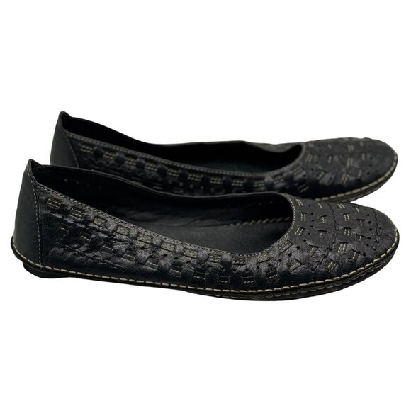 Bass Size 10 Black Leather Slip-On Flats Woven Detail Rubber Sole Comfortable - Picture 3 of 11